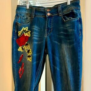 Indigo Rein Ankle Jeans Embroidered Chili Peppers Flowers Raw Hem Size 9